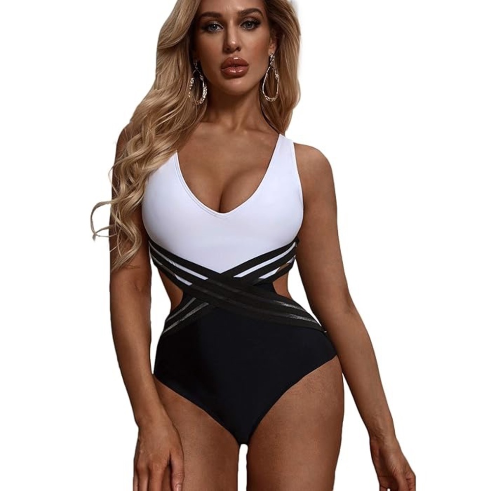 Two Tone Contrast Mesh One Piece Swimsuit